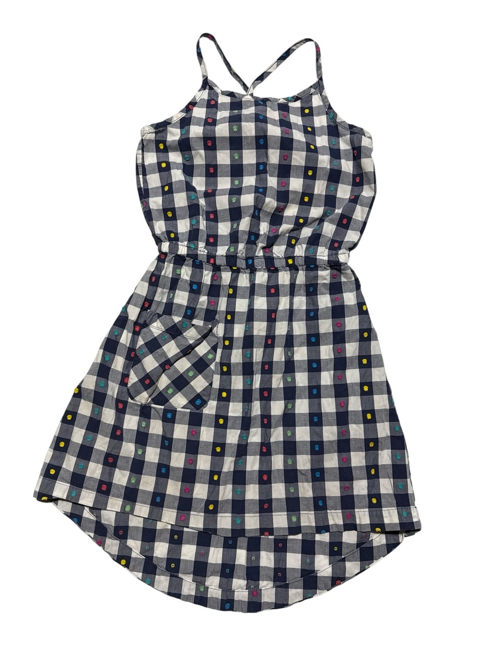 Hanna Andersson Girls Navy Gingham Rainbow Tufted Dot Dress Sz 140 US 10‎